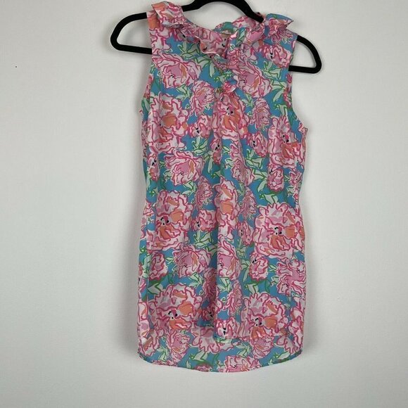 Mud Pie Shift Dress Pink Blue Floral Ruffled Neck Girls Size Small - Picture 1 of 5